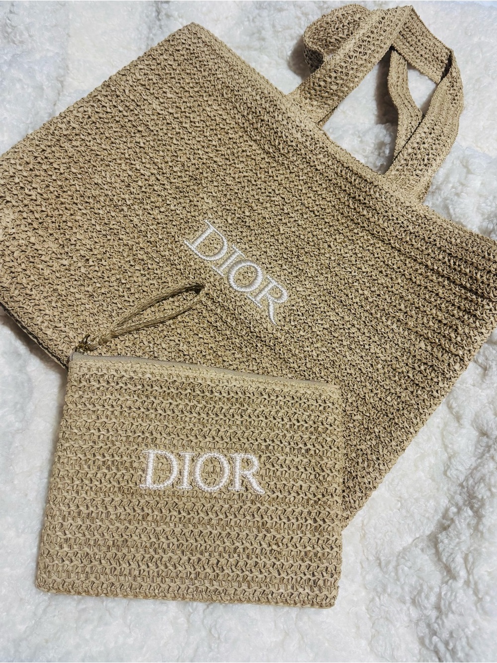 Dior Beute Natural Raffia Tote with Matching Pouch